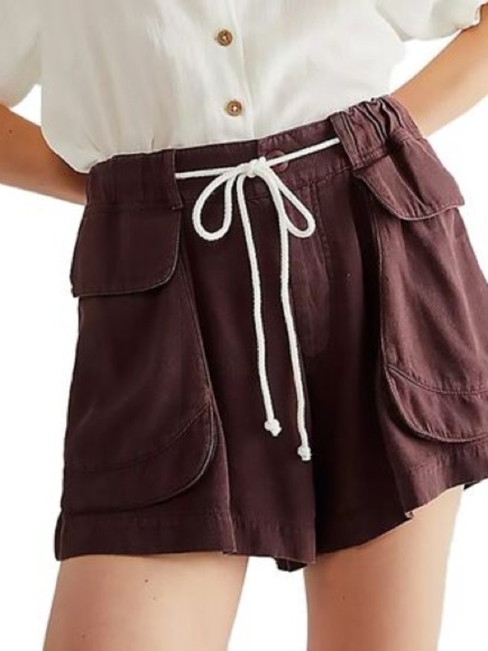 Free People Chocolate Brown Tie Waist Offshore Utility Cargo Shorts